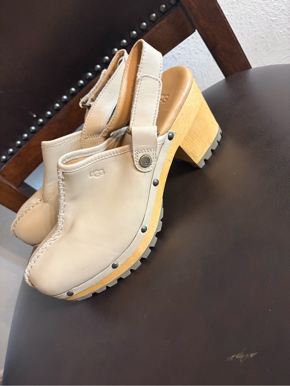 UGG Women's Cream Leather Clog Heels with Studded Welt